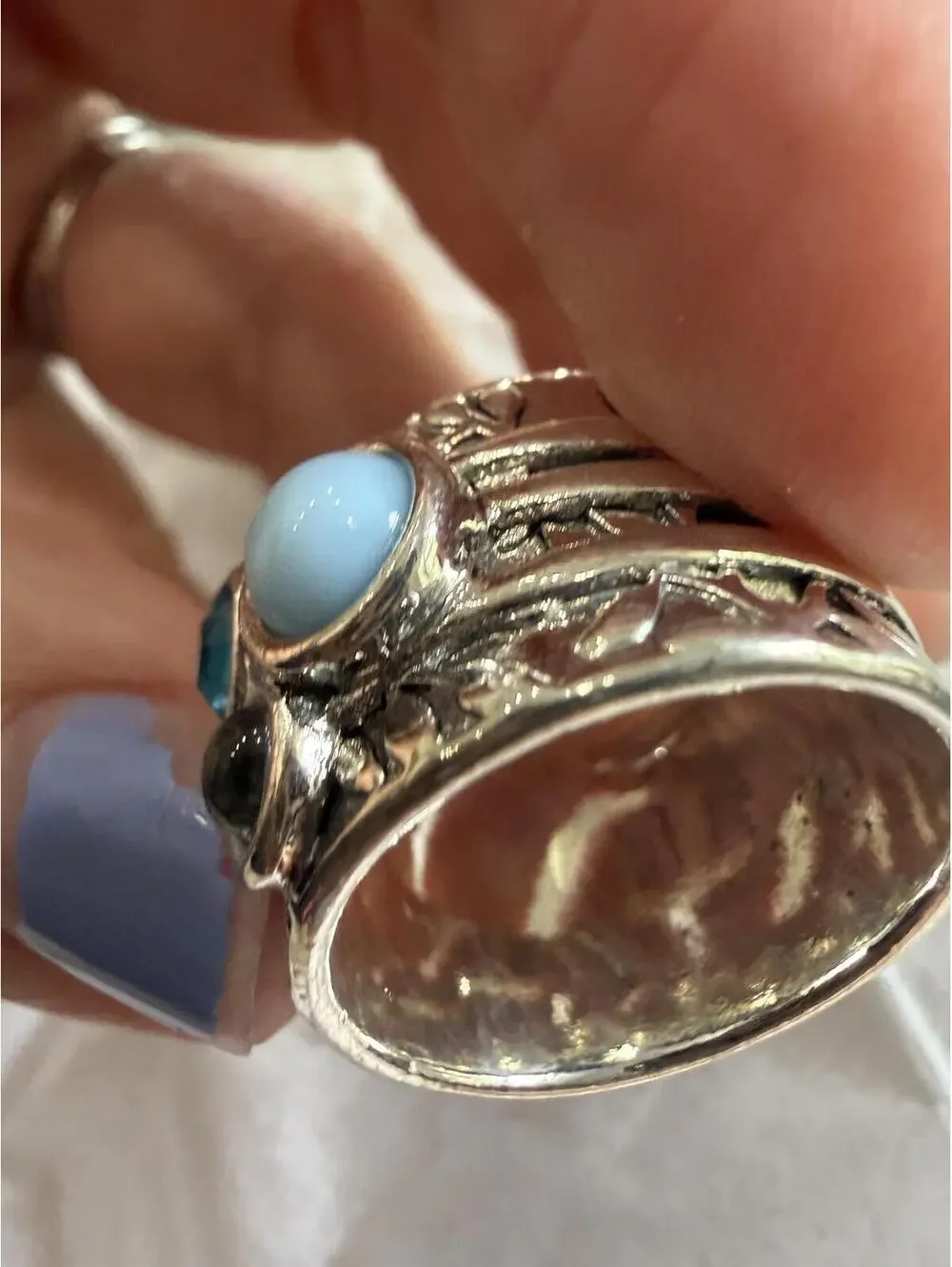 Silver Tone Ring with Blue and Clear Stones 7.5 Size